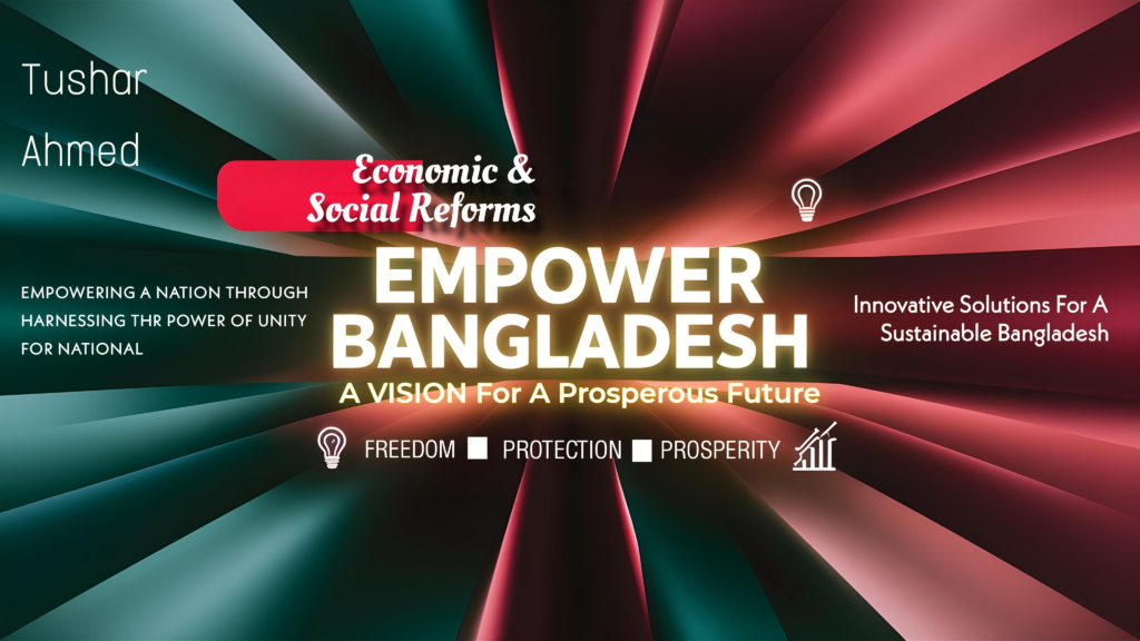 Empower Bangladesh cover image designed in the vibrant colors of the Bangladesh flag (#006a4e green and #f42a41 red). The image promotes Dr. Muhammad Yunus's vision for economic and social reforms, highlighting themes of 'Freedom, Protection, and Prosperity.' The design emphasizes unity and national empowerment, showcasing a forward-thinking approach to sustainable development in Bangladesh. Key phrases such as 'innovative solutions,' 'sustainable Bangladesh,' and 'economic reforms' are incorporated to enhance search visibility and align with long-tail keywords like 'Empower Bangladesh vision,' 'sustainable development in Bangladesh,' and 'Dr. Muhammad Yunus's economic reforms.' This image serves as a symbolic representation of Bangladesh's journey toward a prosperous future.